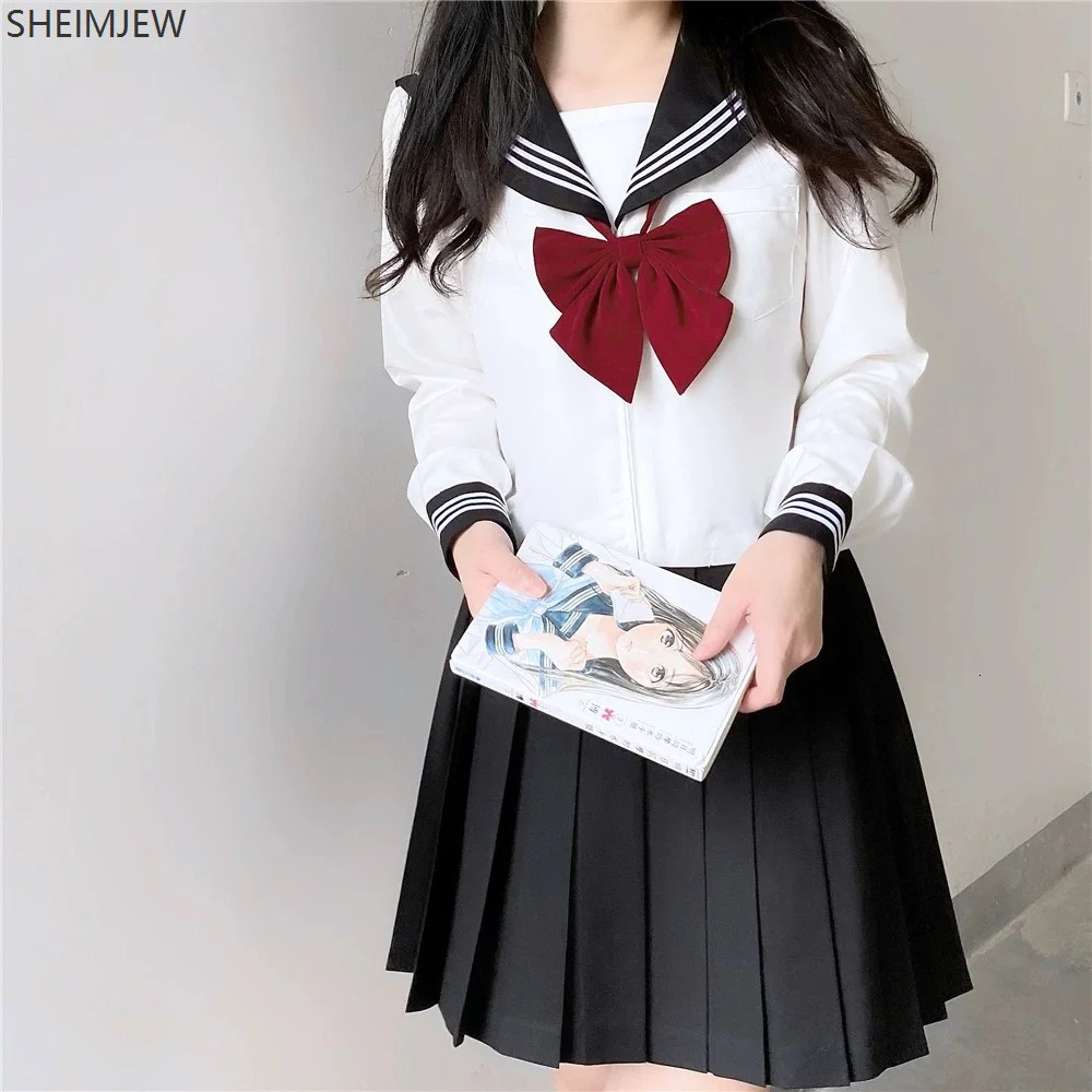 Japanese school uniform cute girl Jk suit black collar white three piece set campus sailor bow long sleeved 250326