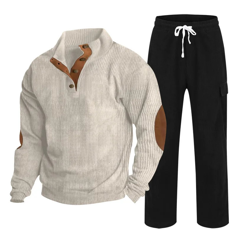 Mens autumn and winter sportswear Corduroy Henley shirt straight pants casual set 250326