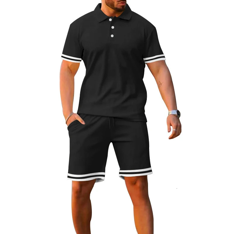 Summer mens sportswear with lapel buttons striped patches work short sleeved polo shirts and shorts casual plus clothing 250326