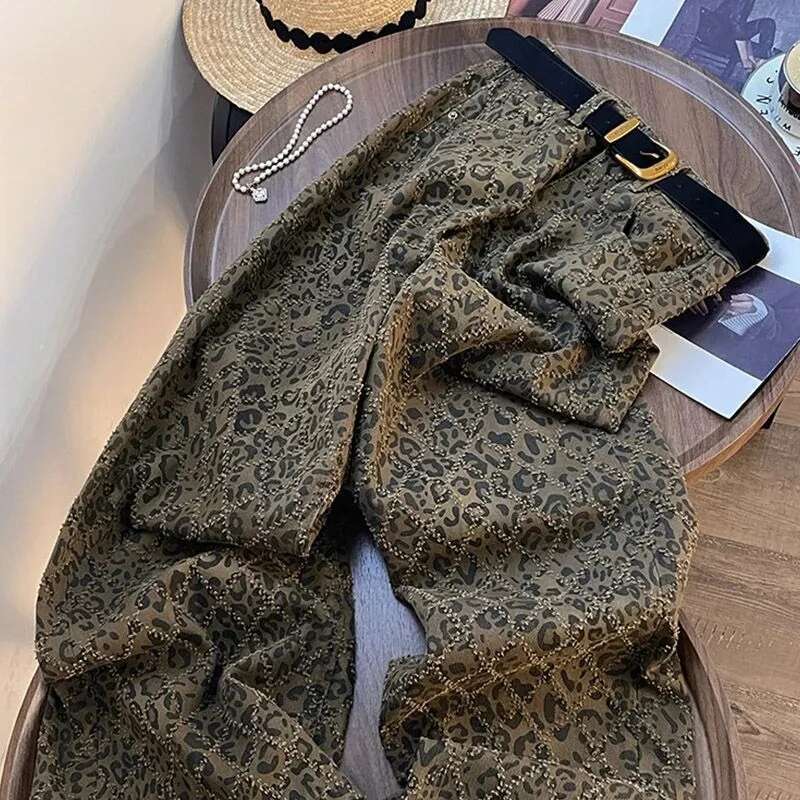 Leopard Print Womens Jeans High Waist Vintage Straight Baggy Pants Street Hottie Y2k American Style Wide Leg Denim Trouser
