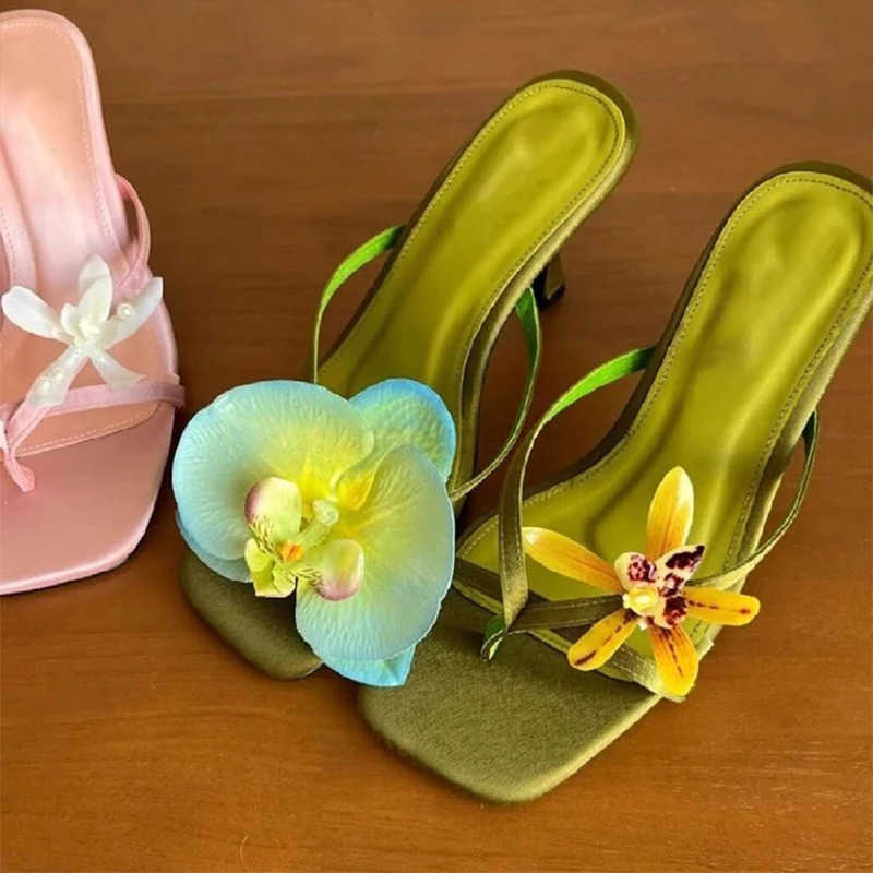 French Handmade Asymmetrical Flower Sandals For Wen New Satin Clip- Stiletto Half-slip High H Beach Flip-flops Shoes Z250327