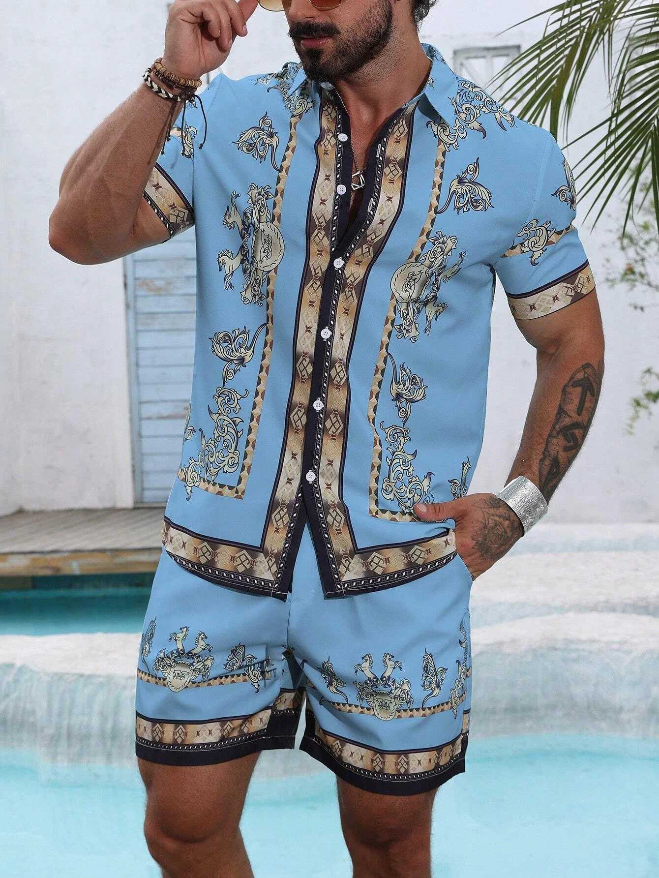 Baroque luxury printed mens shirt shorts 2-piece set summer casual shirt Hawaiian beach short sleeved mens setXJ250326