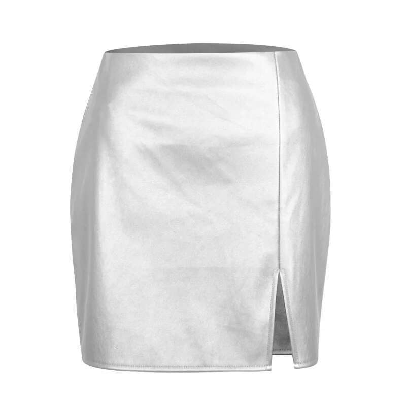Dongdumaoyi Vrouwen Metallic PU Slit Lederen Rok Sexy Hoge Taille Rits Midi Bodycon Mini A