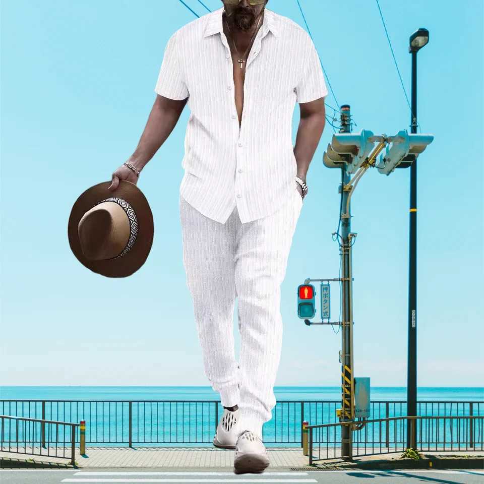 Ultra thin and lightweight summer mens casual loose short sleeved+Trousers beach set casual solid color lapel setXJ250326