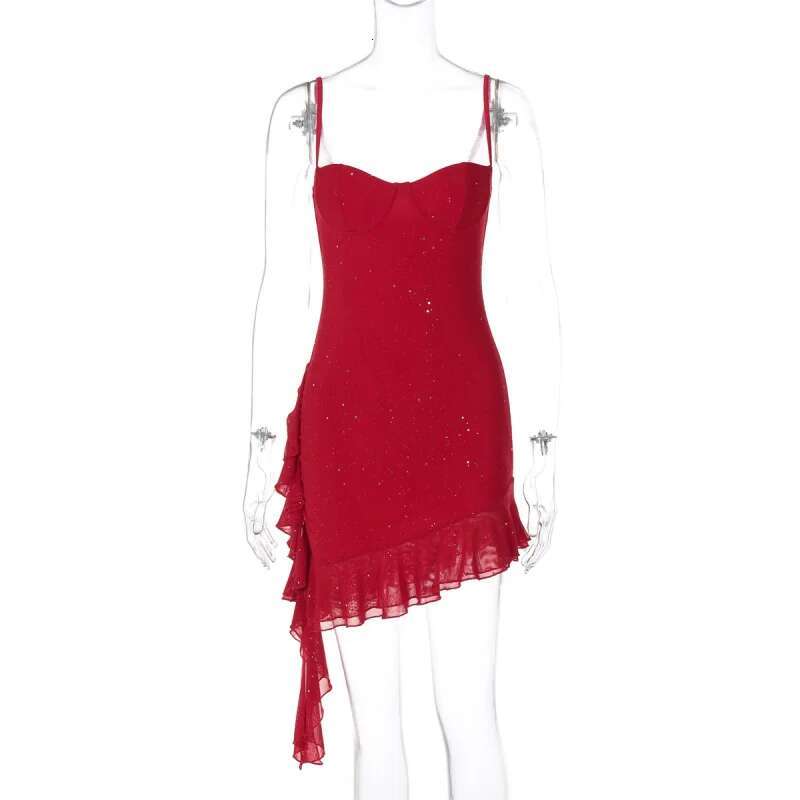 Dongdumaoyi Nieuwe Frisse En Zoete Bustier Slim Fit Sexy Ruches Pailletten Strappy Jurk Voor Vrouwen C