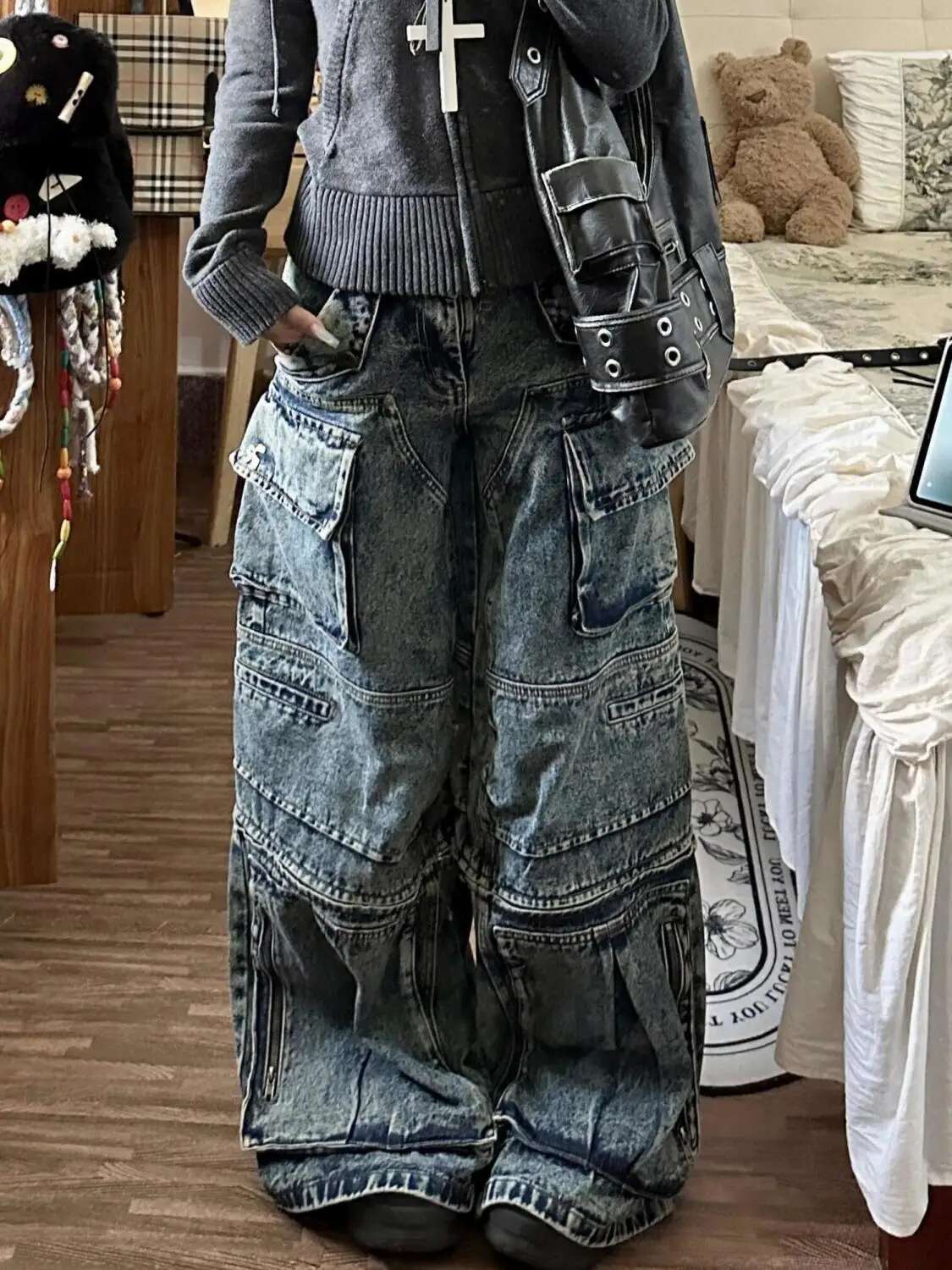 Stylish Street Multi-Pocket High Waist Cargo Pants Women American Vintage Wide Leg Haruku Hip Hop Y2k Jeans