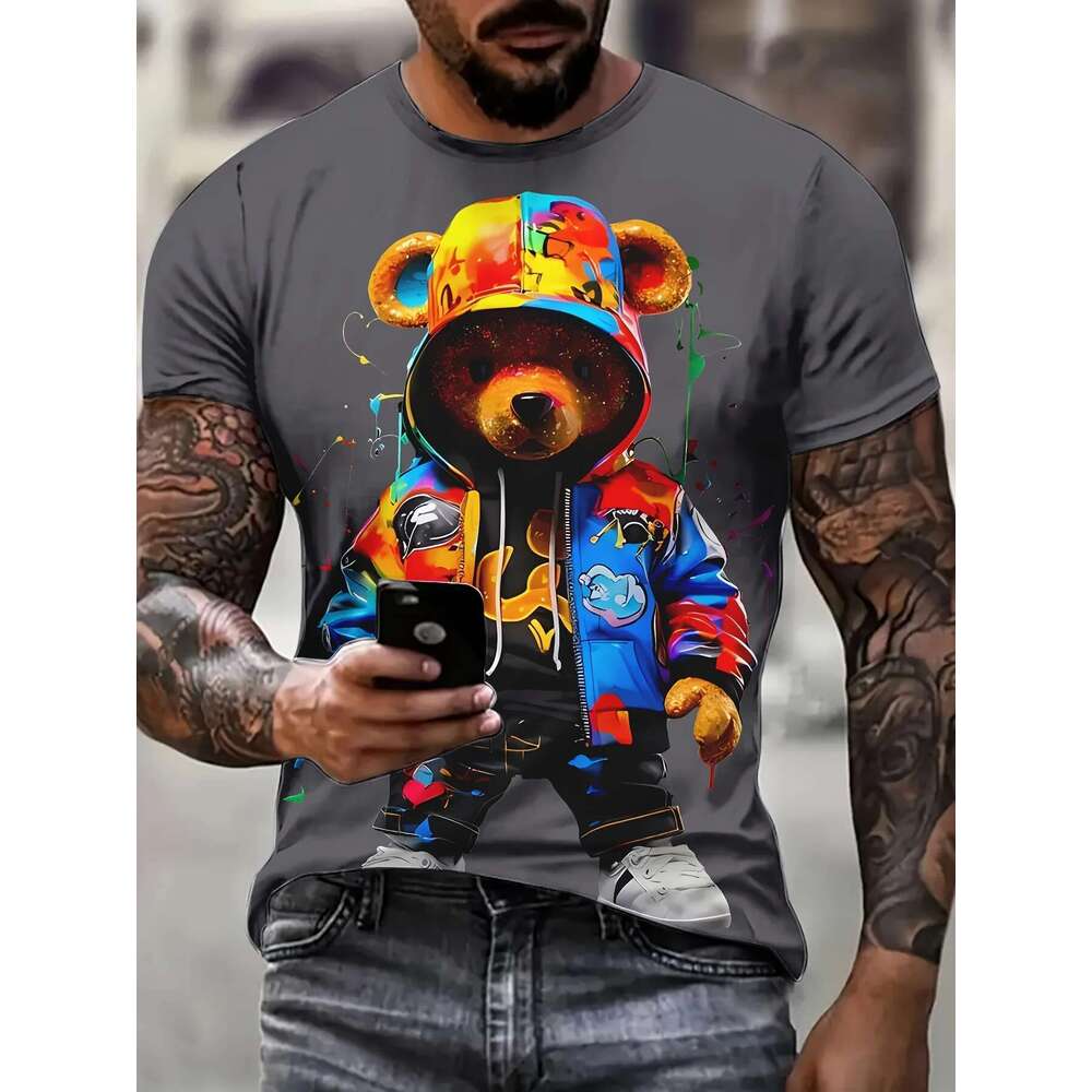 Men s T shirt Fashion Bear D Pattern Cartoon Color Round Neck Top Short Sleeve Summer Clothing