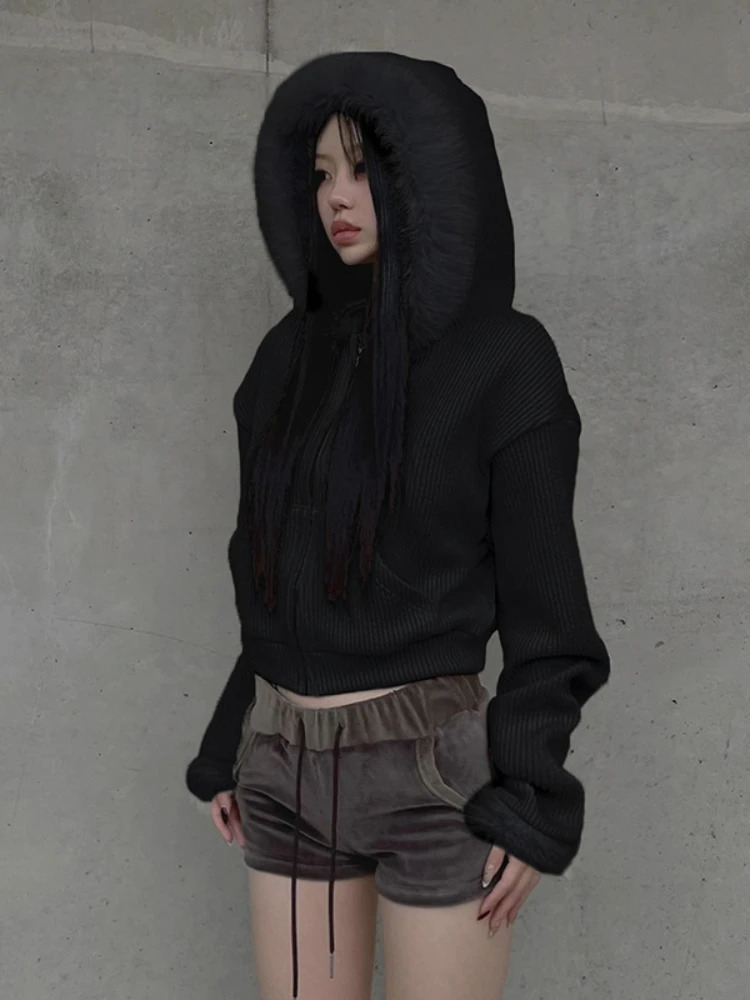 AltGoth Y2k Winter Warm Corduroy Coats Women Mall Gothic Streetwear Hipster Grunge Emo Alt Long Sleeve Hooded Crop Jackets Femme 250322