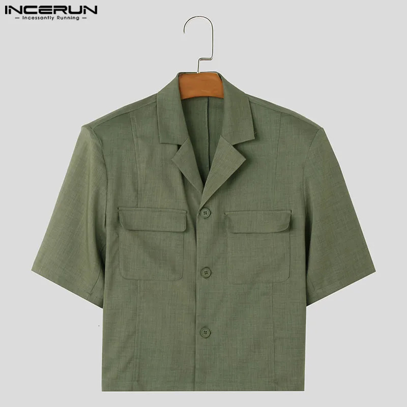 INCERUN Mens Solid Color Collar Short Sleeve Button Pocket Casual Set Street Clothing Fashion Jacket S5XL 250326