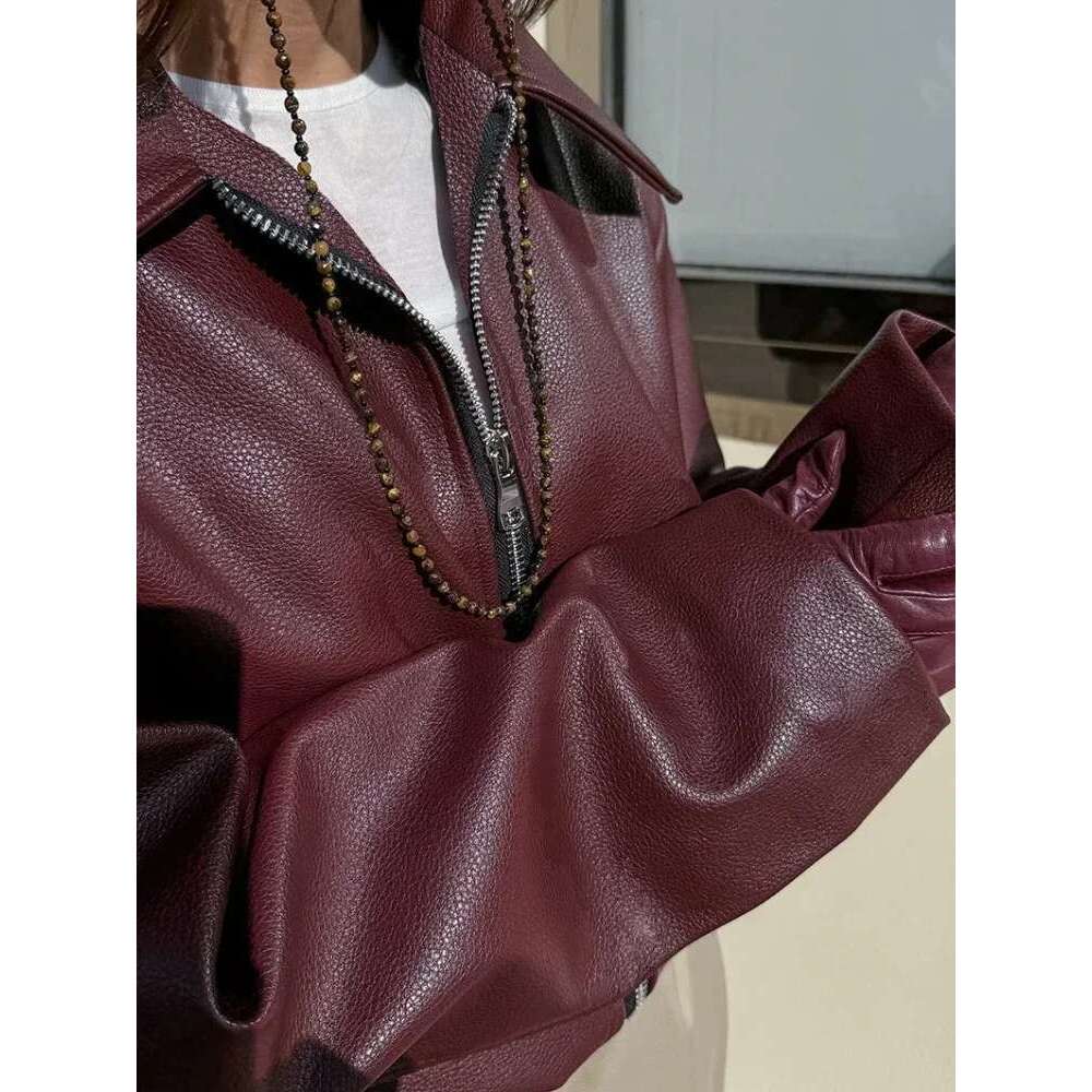 Women's Coat Street Leather Women' Jacket Wine Red Turn Down Long Sleeve Pu Female Coats Vintage Pocket Zipper Motorcycle Lady Outwears