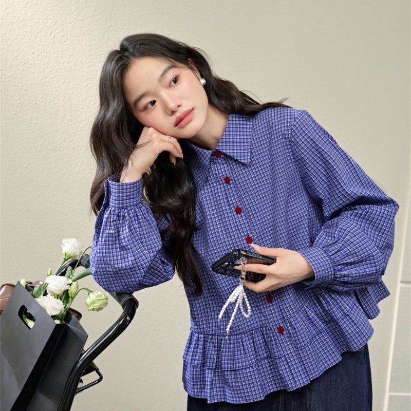 Blue Plaid blouse cgt kjuyhfviu yfiyf 250326