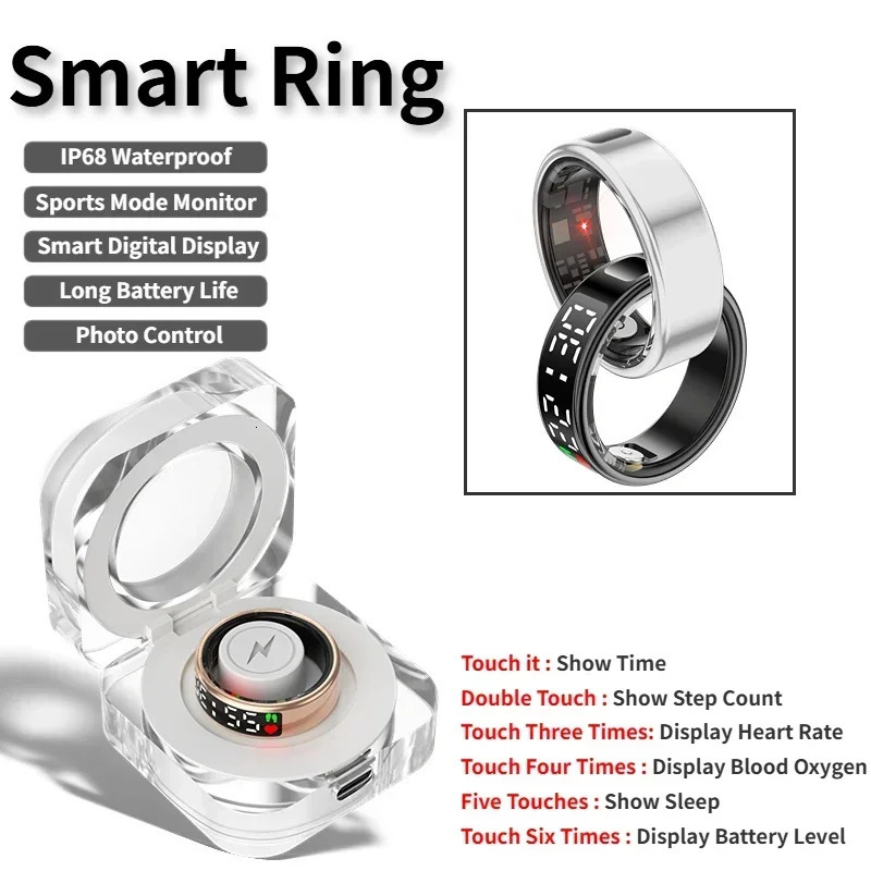 SR08 Mens Smart Ring Womens LED Display Heart Rate and Blood Oxygen Monitoring Multi sport Modes IP68 and 5ATM Waterproof 250322