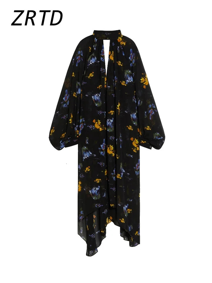 Elegant Printed Boho Long Dresses Women Loose Chic Turtleneck Lantern Sleeve Floral Robes Spring Summer Lady Vacation Dress 250326