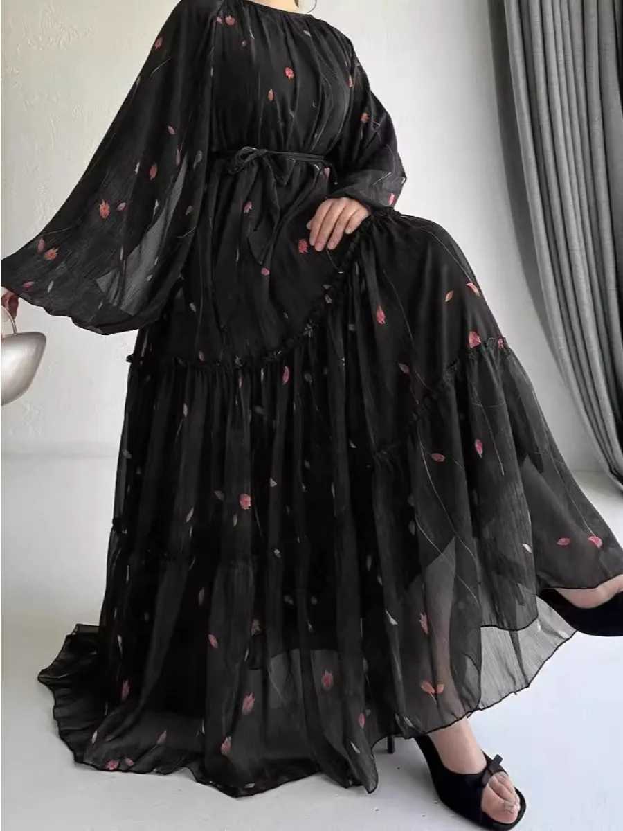 Eid Muslim Abaya Dress for Women Print Chiffon Sashes Jalabiya Kaftan Islam Vestidos Largo Arab Long Robe Ramadan Morocco Abayas X2505141