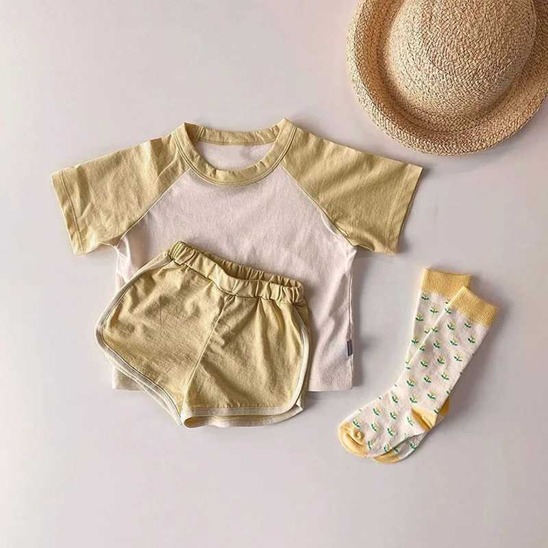 Childrens clothing girl set 2024 summer short sleeved patch work T-shirt+shorts set casual clothing baby mens clothing setT250327