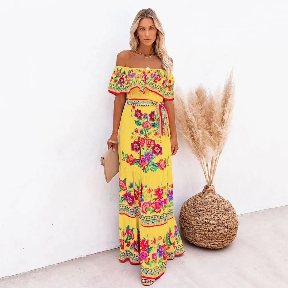 Summer Womens Printed Bohemian Dress Fashionable and Sexy Slant Neck Long Casual Elegant Party Vestdos 2024 250324