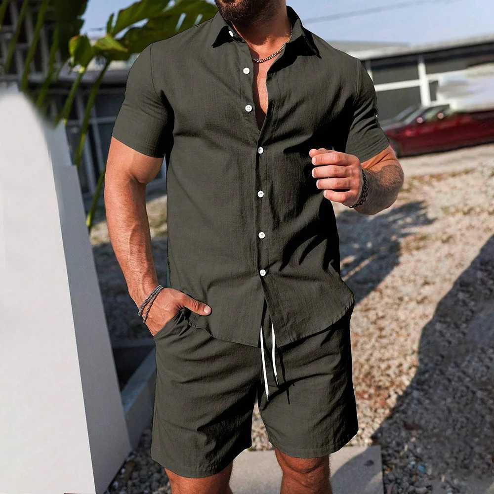 Mens solid color 2-piece button up shirt and brushed waist shorts set for outdoor casual mens short sleeved shirtXJ250326