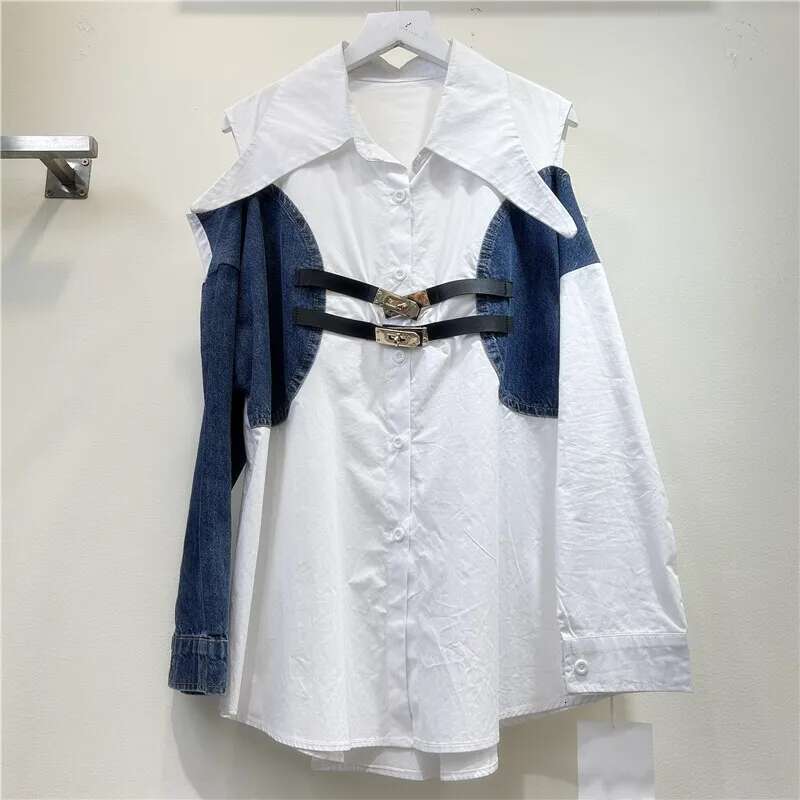 New Fashion Women Contrast Color Off-Shoulder Shirt Spring Lapel Long Sleeves Double Belt Design Blouse Female