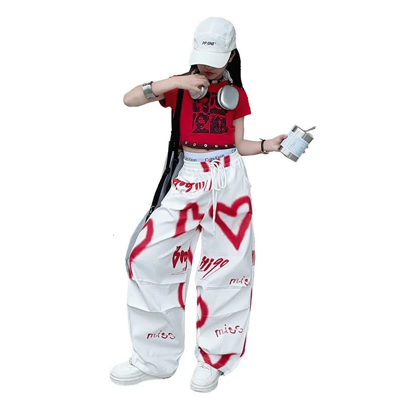 2025 summer spring teens tracksuit Girls cloth heart set graffiti t-shirt top long wide leg pant Kid 4 5 6 7 8 9 10 12 14 year 250326