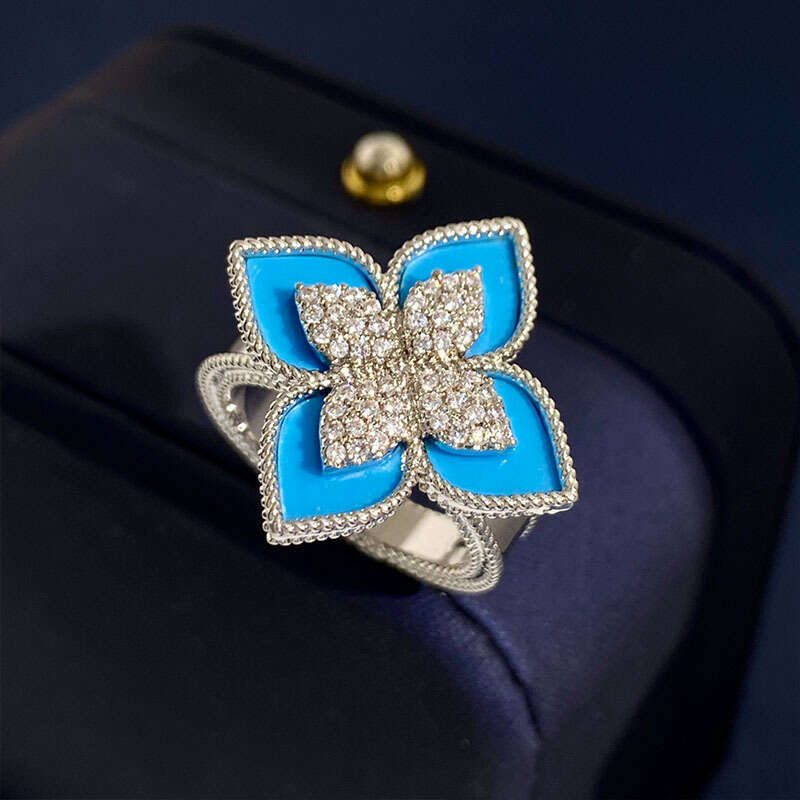 Live streaming new RC shaped petal ring, palace style diamond inlaid four leaf flower blue turquoise ring