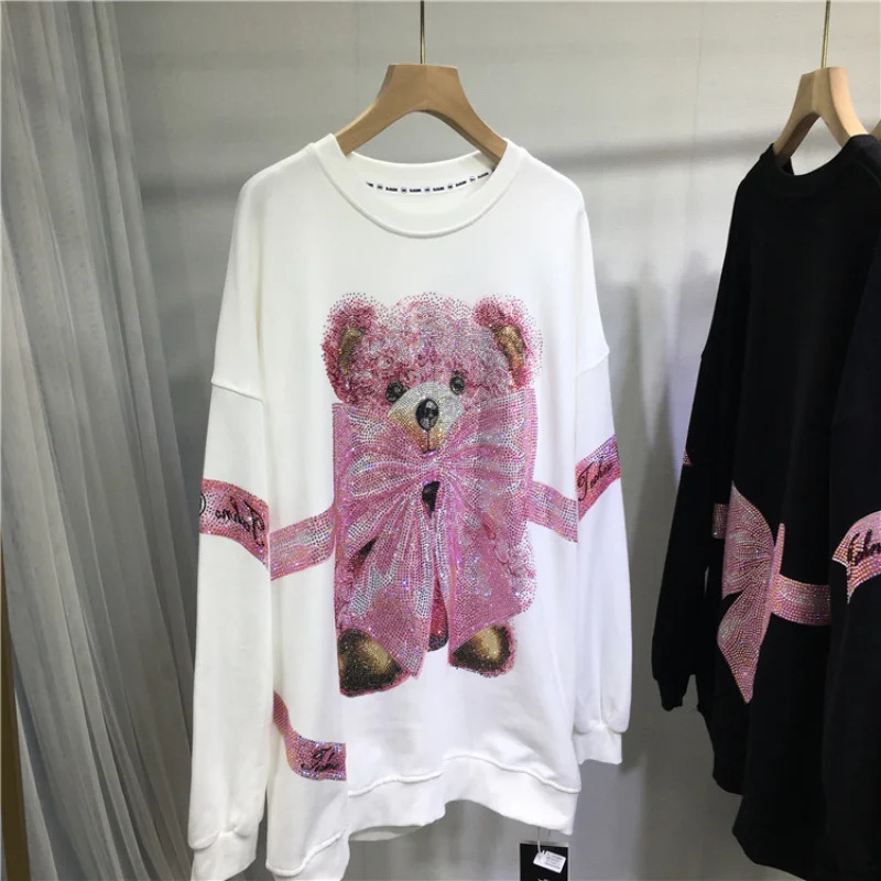 Large size sportswear Kawaii bear bow tie diamond print cute casual full match womens autumn and winter top 250326