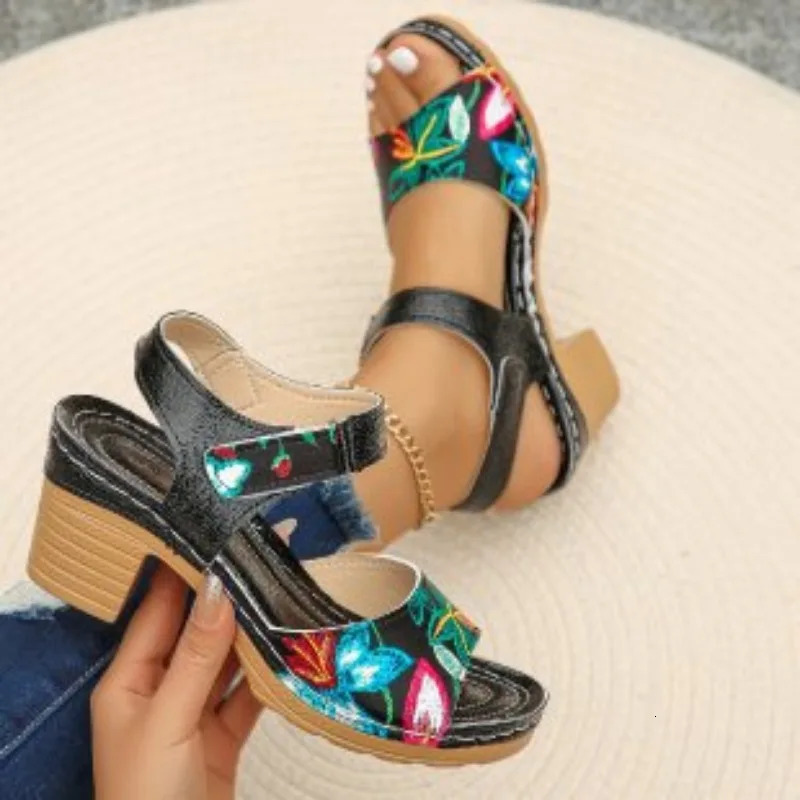 Womens Peep Toe High Heels Sandals Summer Gladiator Shoes Thick Platform Flower 250317