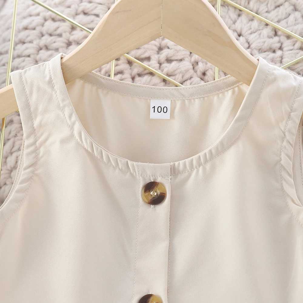 Girls clothing simple sleeveless set button vest design+beige pants childrens casual setT250327