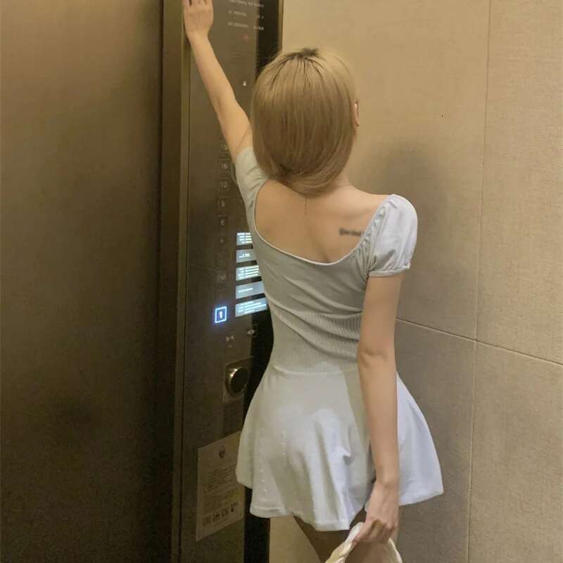 Women's Sweet Style Short Ballet Knitted Slimming Dress Bubble Sleeves Solid Colour Versatile Casual Summer