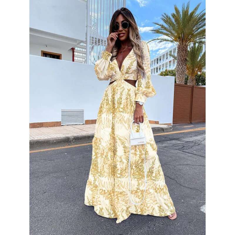 Dongdumaoyi Mode Dames Lente Nieuwe Lange Print V Hals Elegante Jurk Met Mouwen C