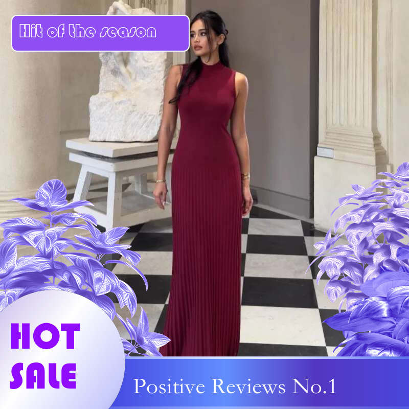 Dongdumaoyi Semi Hoge Hals Mouwloze Gebreide Lange Jurk Effen Kleur Plooirok Bodycon Zomer C
