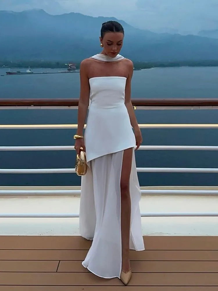 Elegant white high waisted long dress for women fashionable sleeveless and backless Aline Vestidos 2025 womens vocal beach 250324