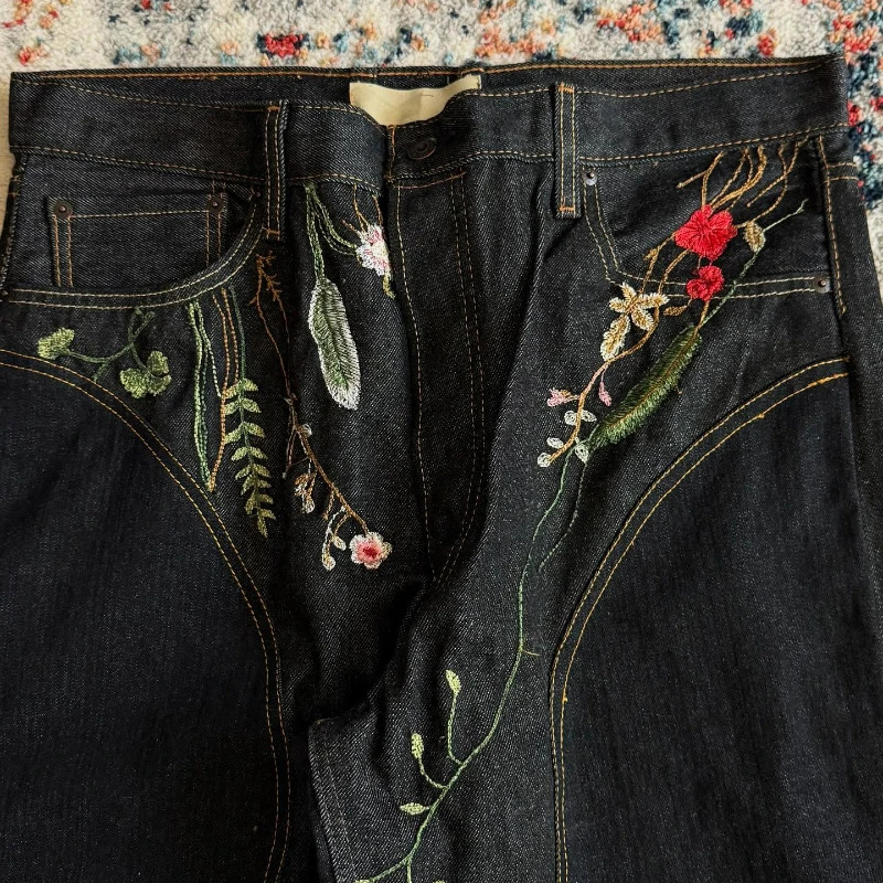 Y2K Fancy Luggage Jeans Fashion Flower y Serial Sewing Neutral Street Clothing Retro Harajuku Style Oversized Fit Pants 250327