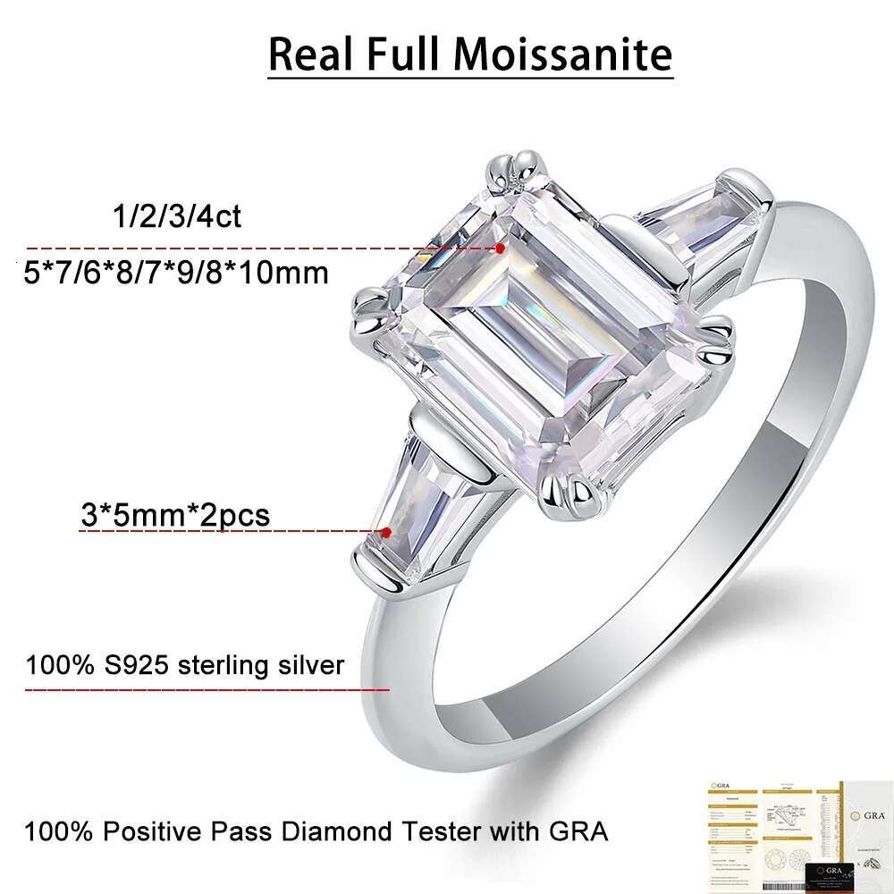 Certified 1-4ct Full Moissanite Ring for Women Trapezoid Emerald Cut Diamond Engagement Wedding Band 925 Sterling Silver Jewelry