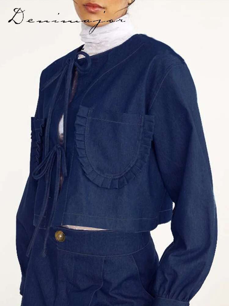 Fashion Pleated Pockets Denim Coat Women O-Neck Lace Up Long Sleeved Blue Top Female Spring Elegant Casual Lady Streetwears