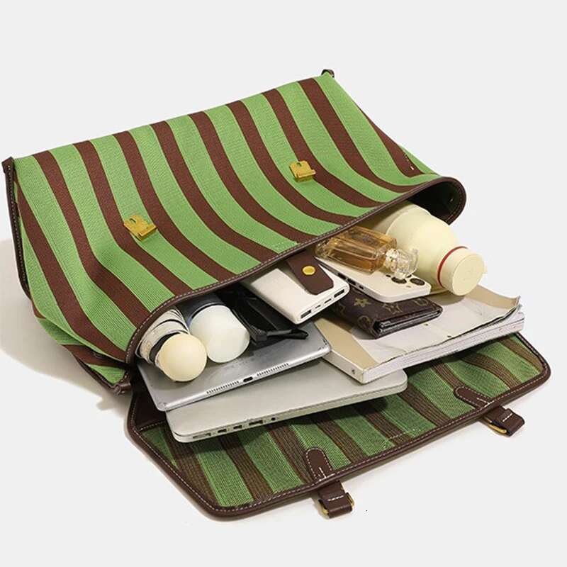 Multi-Use Briefcase Denim Canvas Striped Backpack Large Capacity Commuter Black White Contrast Handbag Messenger Travel Bag