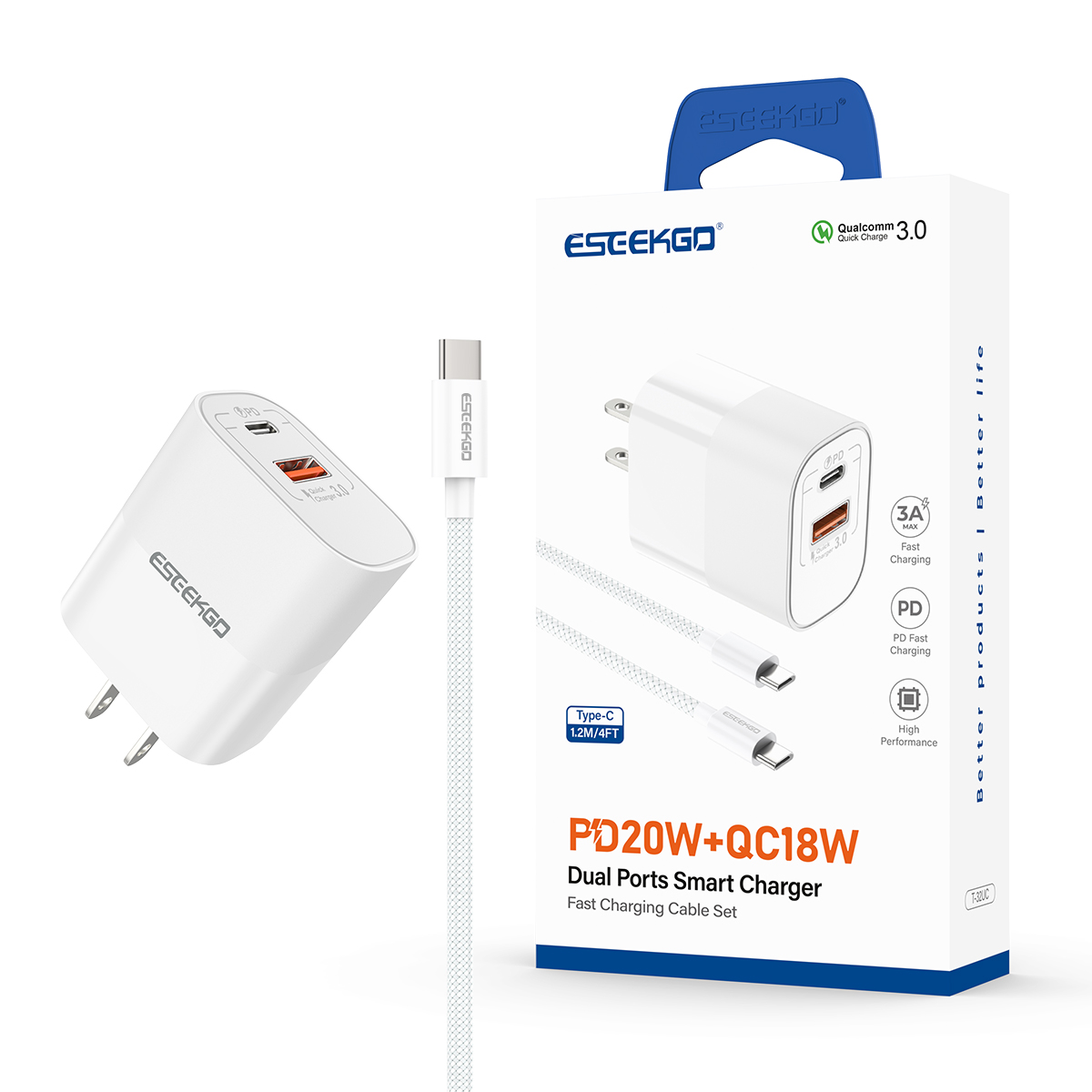 USA STOCK ESEEKGO T-32UC 20W Travel Adapter (USB A+C) US Standard With 4FT Type-C To Type-C Fast Charging Cable With Retail Package ship in 2 days