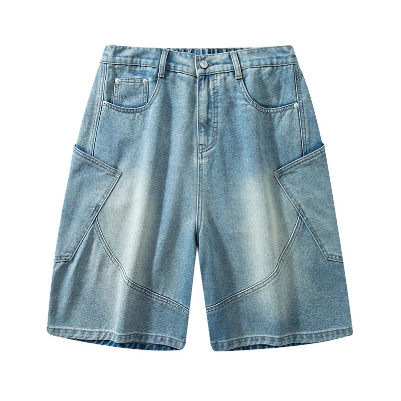 Casual cargo denim shorts mens elastic waist straight comfortable light blue soft pocket wide Bermuda jeans 250326