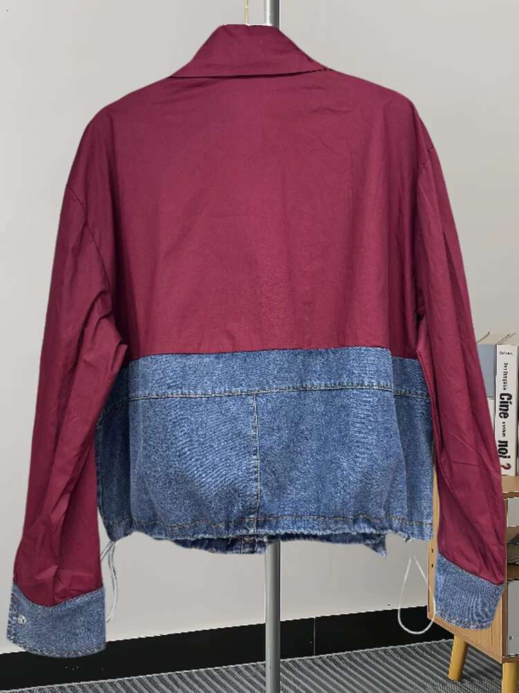Spliced Denim Lapel Shirts For Women Single Breasted Full Sleeve Color Block New Female Niche Design Shirt