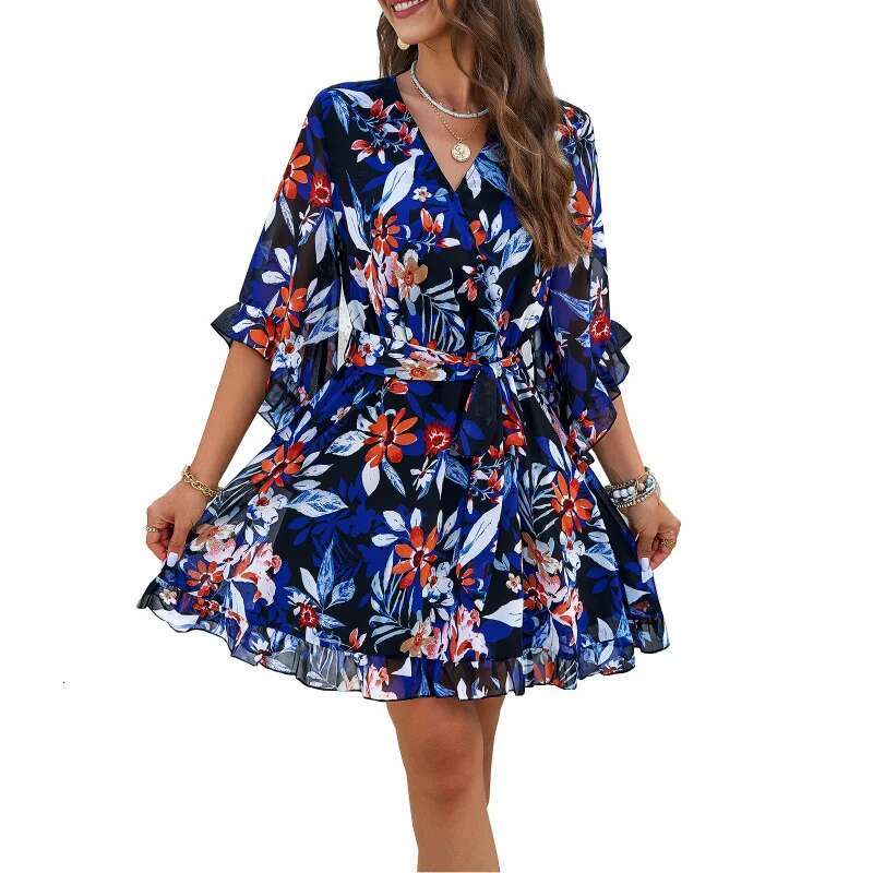 Dongdumaoyi Dames Lente Zomer Elegante Bloemenjurk Met Stropdas C
