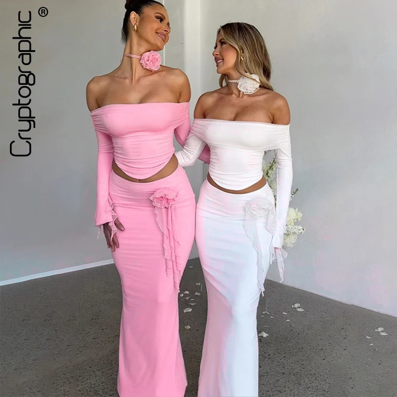Cryptographic Off Shoulder Sexy Mesh Ruffle Dress Set for Women Matching Club Party Flower Stickers 2piece 250326
