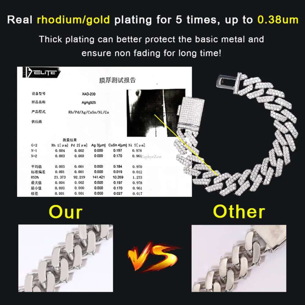 pass tester fashion gra moissanite dia 10mm-12mm wide 2rows solid sier cuban k chain for rapper hip hop necklace bracelet gift accessories