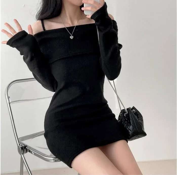 Knitted Chic Dress Sexy Korean Shoulder Bared Belted Ribbed Wrap around Mini Skirt for Small Figures Stylish Autumn Winter