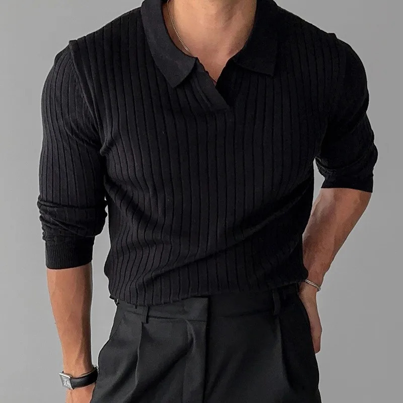 Mens fashion y Vneck knitted jacquard polo shirt solid color long sleeved Korean casual knitting autumn 250327