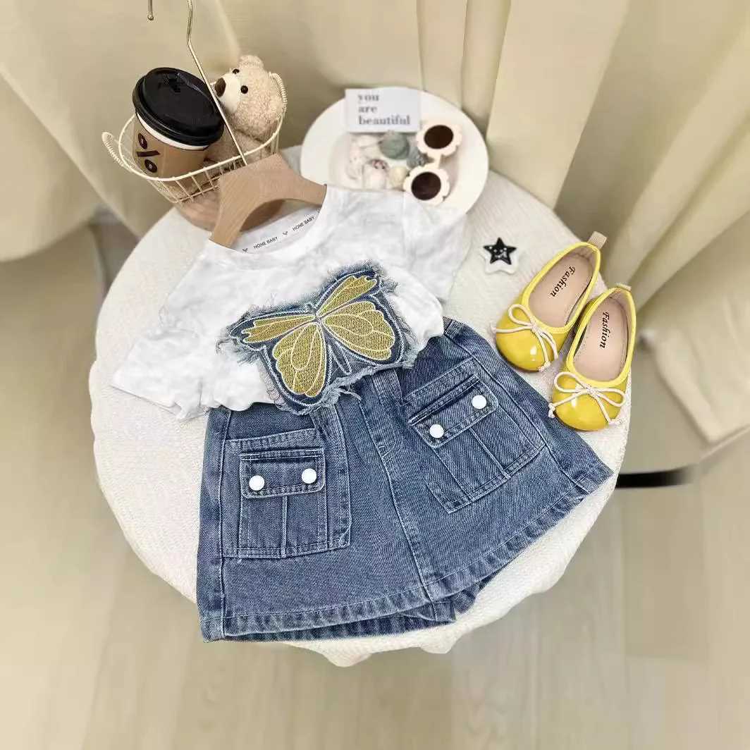 Childrens clothing set butterfly embroidery short sleeved top+denim Culottes baby clothing set girls clothing for 3 to 7 yearsT250327