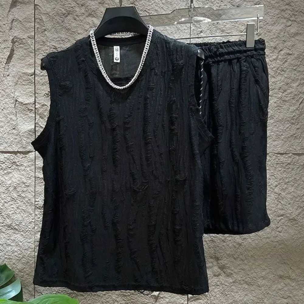 Mens sleeveless T-shirt set O-neck casual hollow vest top+short hole hollow quick mens breathable vest 2-piece set Set4XLXJ250326