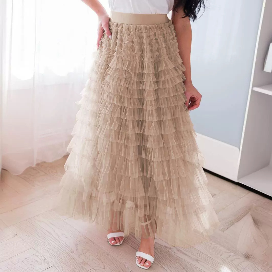 New French Long Elegant Autumn Temperament Solid Color High Waisted Mesh Cake Skirt Fluffy Half Skirt For Women
