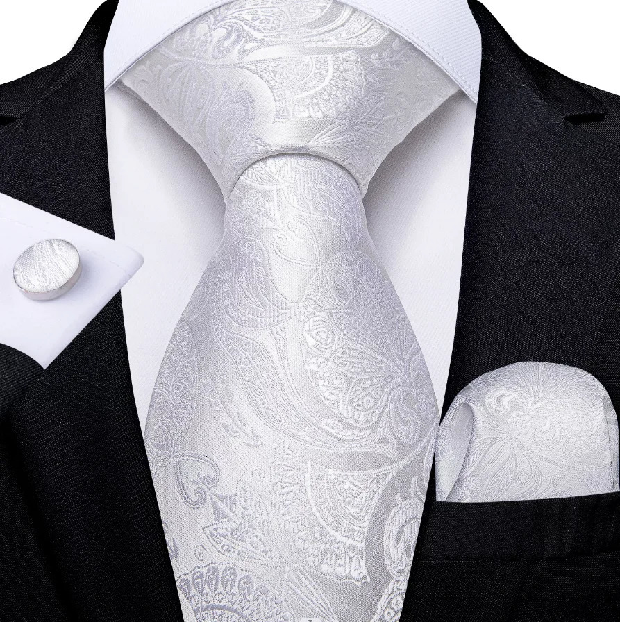 White Silver Mens Tie Hanki Cufflinks Set Mens Wedding Party Business Mens Tie Fashion Hi Tie 250322