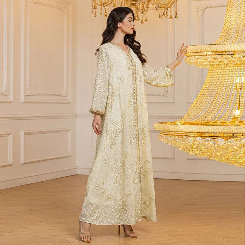 Dongdumaoyi Lente Nieuwe Jacquard Chiffon Pailletten Lint Lange Jurk Midden Oosten Moslim Gewaad W