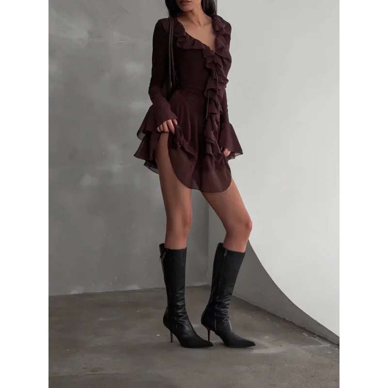Dongdumaoyi Lente Nieuwe Vrouwen Verfijnde Effen Kleur Diepe V Ruche Trim Flare Mouw Chiffon Korte Jurk C