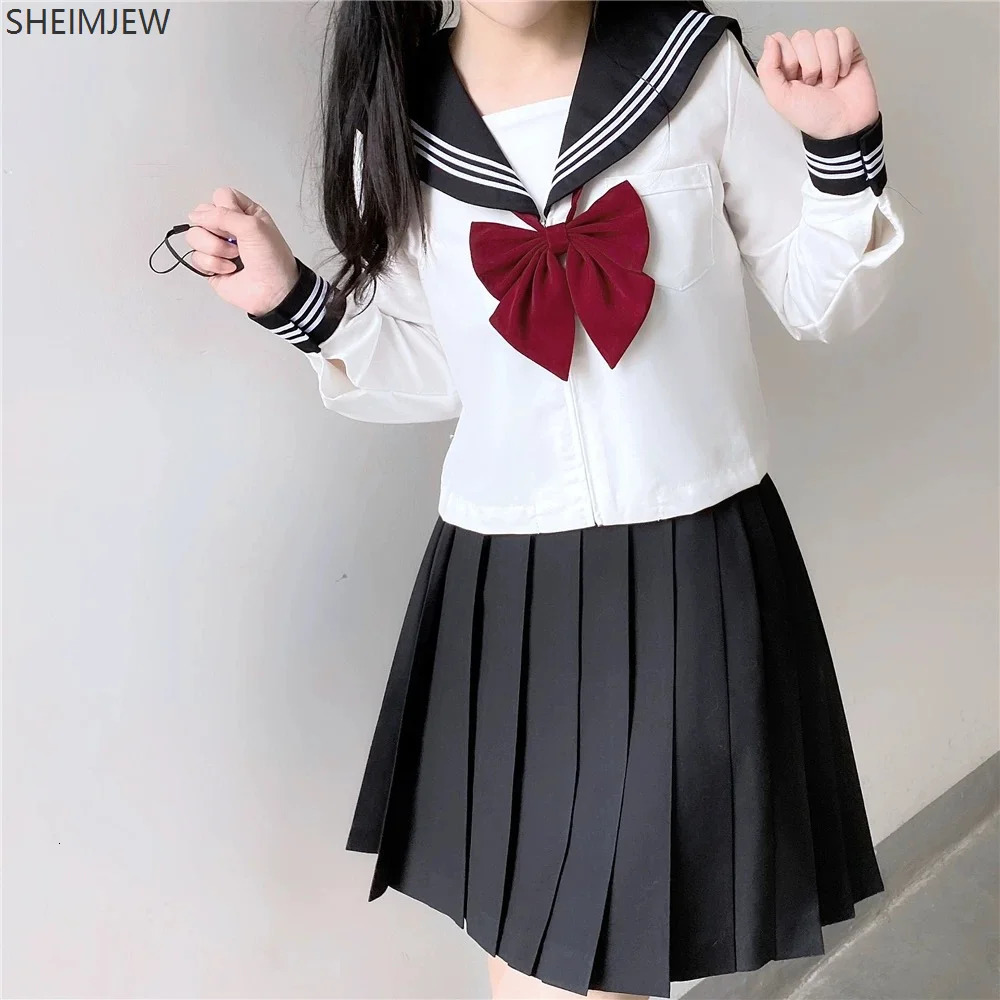 Japanese school uniform cute girl Jk suit black collar white three piece set campus sailor bow long sleeved 250326